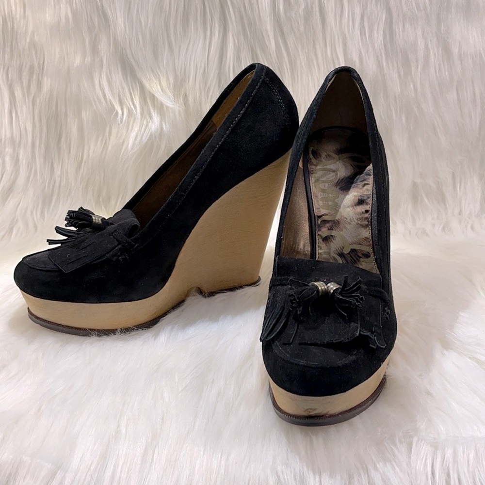 NWT Sam Edelman Black Leather Loafer Tassels & Wood Wedge Platform